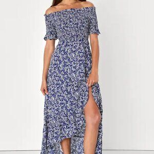 Fleur-tation Navy Blue Floral Print Off-the-Shoulder Midi Dress